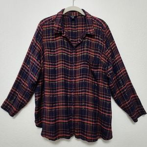Lucky Brand Plus Size Button Front Navy, Orange, & Gold Plaid Shirt Size 2X